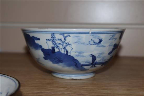 A Chinese underglaze blue and copper red saucer dish and a Chinese blue and white bowl bowl diameter 15cm